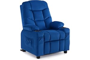 MCombo Big Kids Recliner for Ages 3+, Child Reclining Chair, Toddlers Recliner Sofa with Cup Holders (Velvet, Navy Blue)