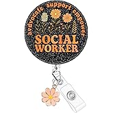 Plifal Social Worker Badge Reel Holder Clip - Cute Flower Retractable ID Name Card Badge Reel with Charm Alligator Clip, Nurse Nursing Office Medical Worker Student Accessories Gifts