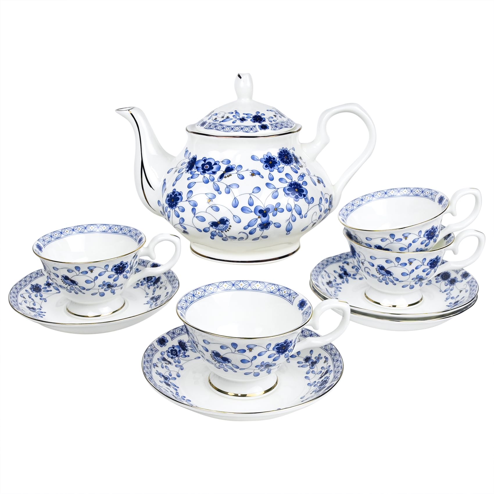 Photo 1 of ***PARTIAL SET***LE POTOCIO Bone China Tea Set for Adults, 13-Piece Blue and White Porcelain Tea Set for 4, Vintage Floral Tea Set With Teapot and Teaspoons, Tea Party Sets for Women Gift (Blue A)