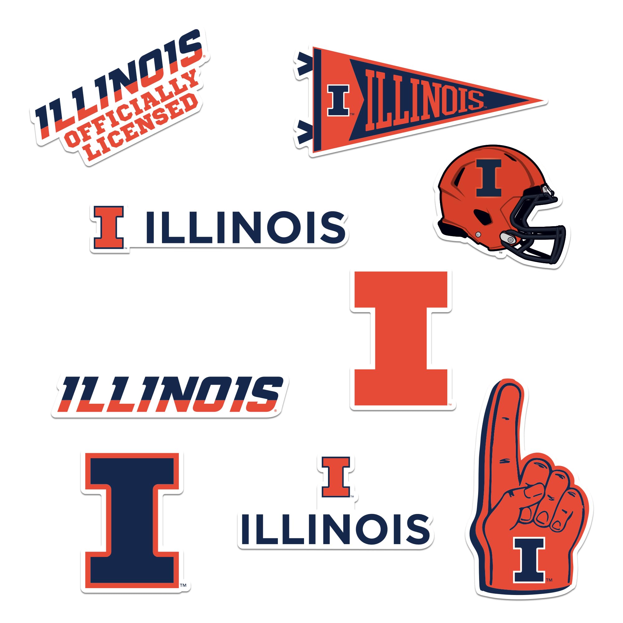 University of Illinois 8ct Vinyl Large Deluxe Stickers Variety Pack - Laptop, Water Bottle, Scrapbooking, Tablet, Skateboard, Indoor/Outdoor - Set of 8