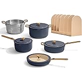 Our Place 11-Piece Essentials Complete Cookware Set - Ceramic Fry Pan, Saucepan, Sauté Pan, Stock Pot, Strainer Basket & Rack Storage | Thermakind™ Nonstick, Oven Safe up to 450°F | Blue Salt