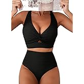 Herseas Women's Textured Bikini Sets Twist Front Top Swimsuits High Waisted Bathing Suits