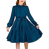Arshiner Girls Long Sleeve Dress Tween Fall Formal Party Holiday Midi Tiered Flowy Swing Dresses with Belt 5-13 Y