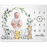Yuzioey Safari Milestone Blanket, Jungle Wild Animals Baby Growth Chart Monthly Blanket, Watch Me Grow Jungle Safari Baby Nursery for New Moms Baby Shower(50"x40")