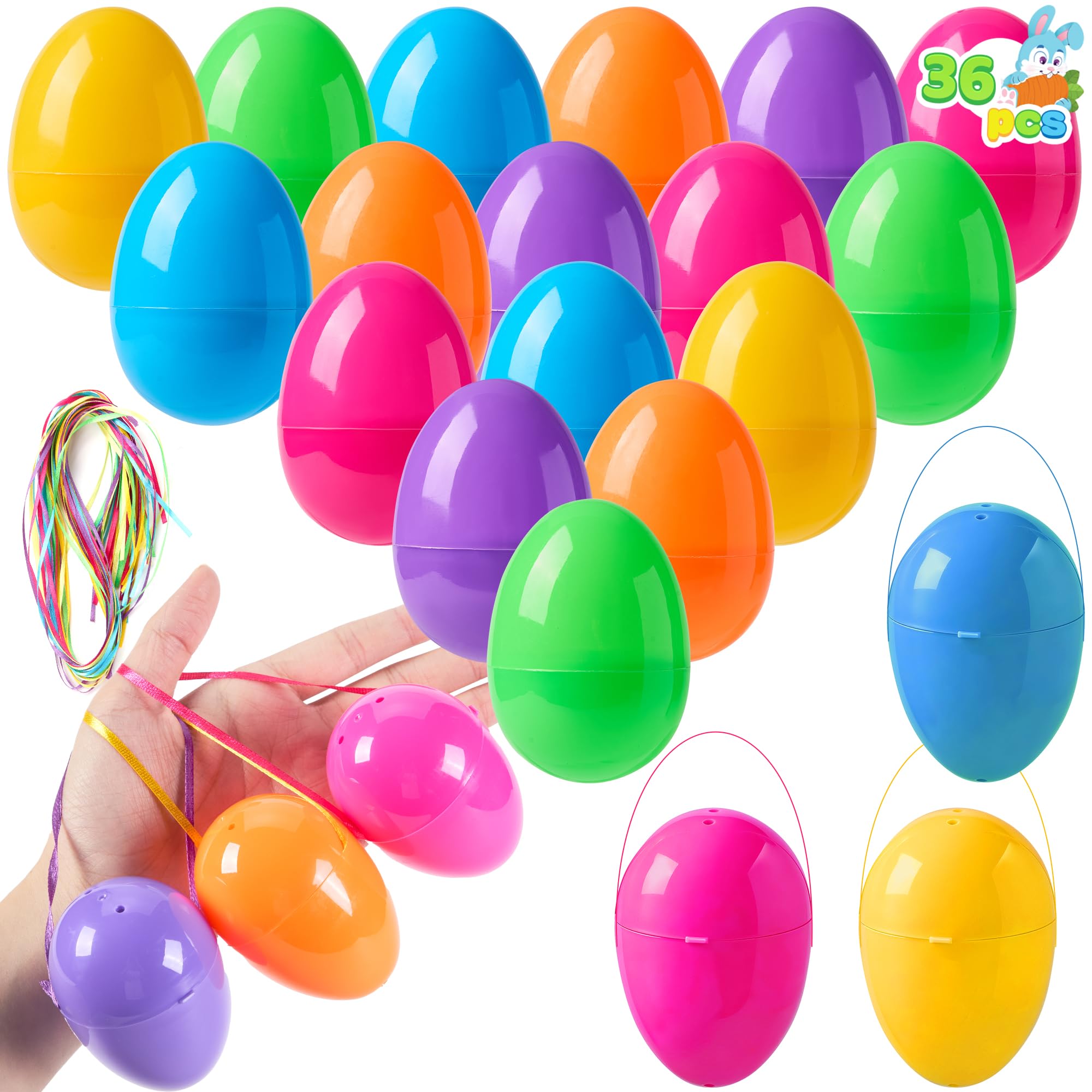 JOYIN 36 PCS 3.15" Easter Eggs with Hanging Ribbon, Colorful Plastic Eggs Empty Fillable, Bright Eggshells for Easter Hunt, Basket Stuffers, Hanging Tree Decor, Party Favor Supplies