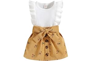 TBUIALL Toddler Outfits for Girls Sleeveless Solid Colour Ribbed Tops Floral Prints Bowknot Skirt Two Piece