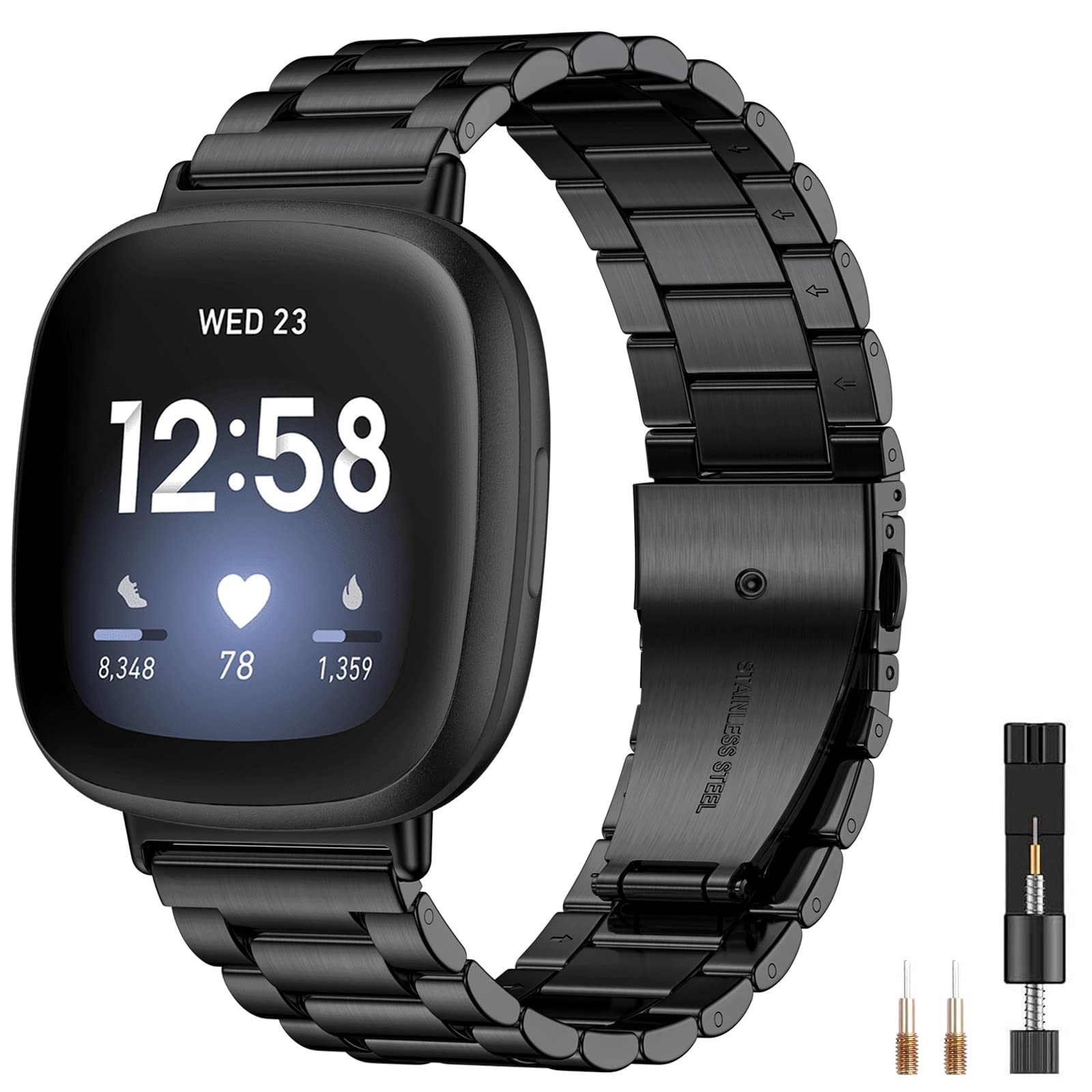 CeMiKa Compatible with Fitbit Versa 3 Bracelet/Fitbit Sense Bracelet, Adjustable Metal Stainless Steel Replacement Strap with Double Deployment Buckle for Fitbit Versa 3/Sense, Black