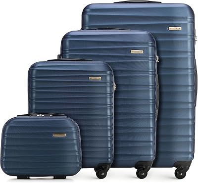 Reisekoffer 4er Koffer-Set Rollkoffer Trolley Handgepäck Gepäck Reisekoffer Set Hartschale aus ABS 4 Spinner-Rollen Zahlenschloss Groove Line Marineblau Lufthansa/Eurowings/Ryanair/Condor