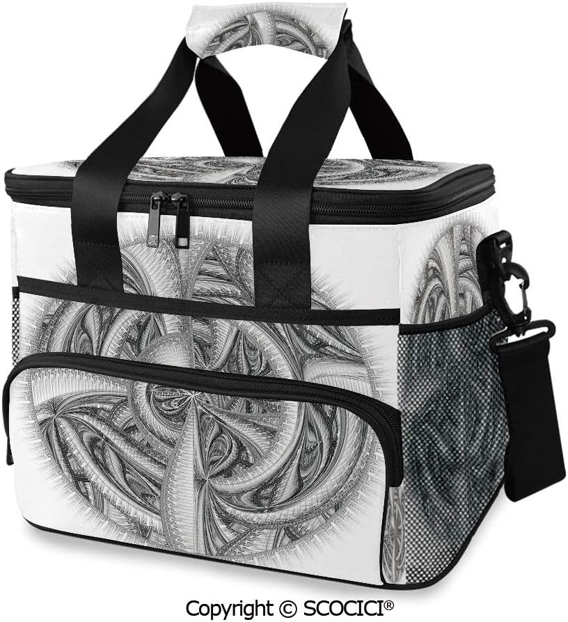 SCOCICI Large Soft Cooler Insulated Picnic Bag Scientific Rounded Design with Fragmented Forms and Multiple View Mesh Print for Grocery, Camping, Car