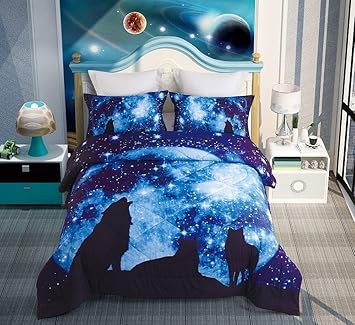 Amazon Com Imiee Wolf And Blue Galaxy Print Comforter Sets 3