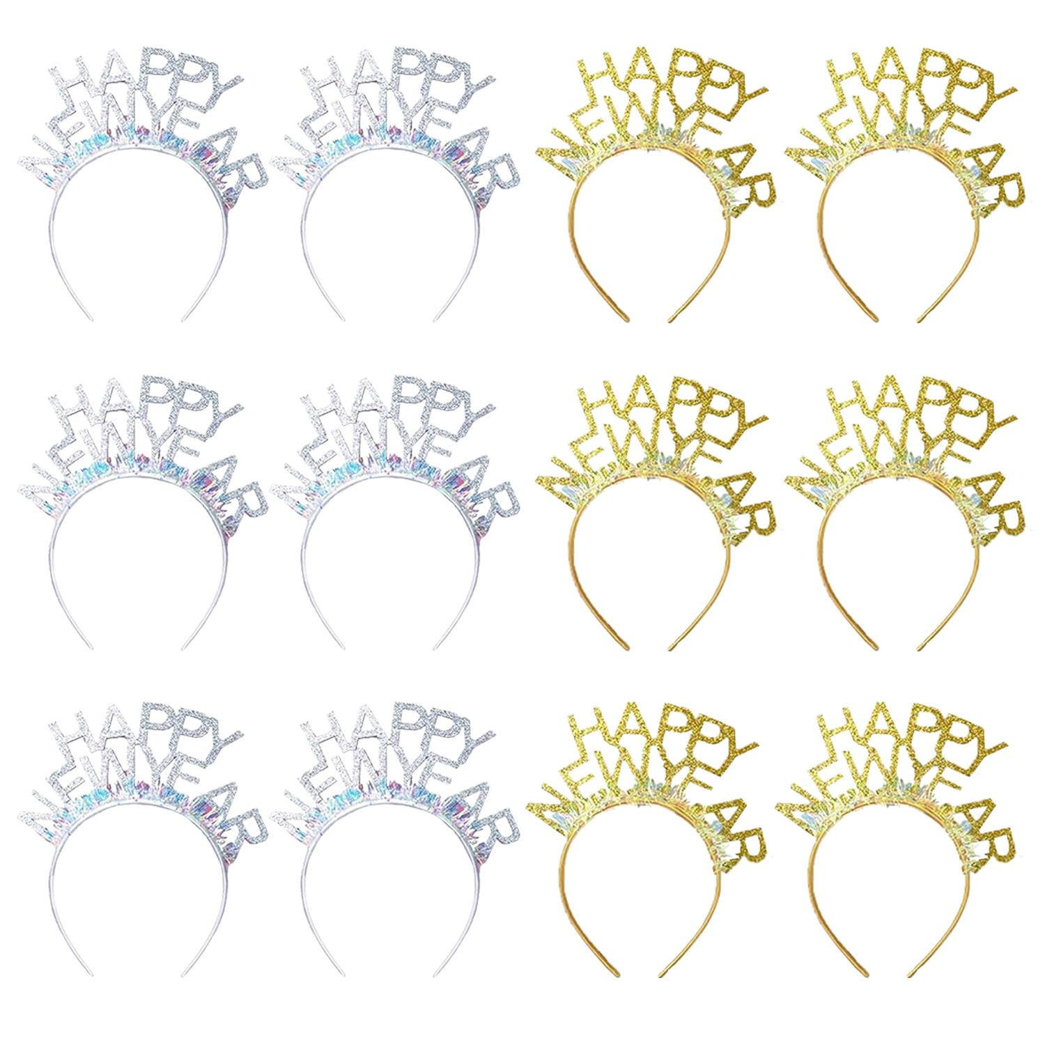 HEREER New Year Decorations 2026 Gold and Silver HAPPY NEW YEAR Headband for Adults Kids New Year Eve Party Supplies (12PCS)