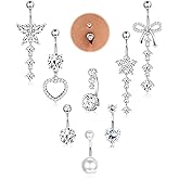 FIASASO 8 Pcs Belly Button Ring Dangle Hypoallergenic Surgical Stainless Steel Belly Rings for Women CZ Pearl Heart Butterfly Bow Flower Navel Piercing Jewelry Dangly Curved Navel Ring
