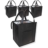 Serene Homes Black Insulated Grocery Bags, 4 Pack Reusable Shopping Bags with Zippered Top for Groceries & Food Delivery