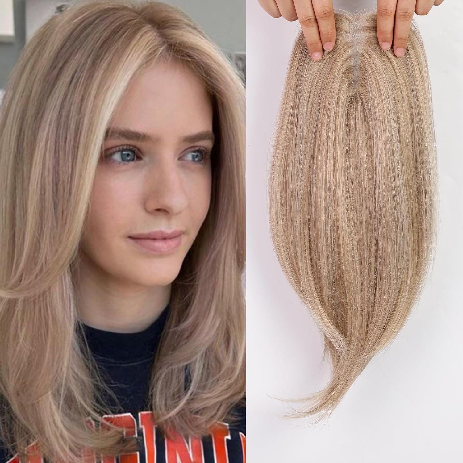 EMMOR 14 Inch Light Honey Blonde & Bleach Blonde Mixed Hair Toppers for Women Synthetic Hair Toppers Hair Pieces Swiss Base with 3 Clips in Wiglets Toppers for Women with Thinning Hair Hair Loss