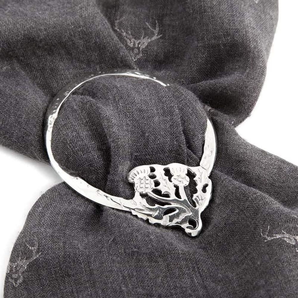 Large Polished Pewter Scottish "Trio of Thistles" Design Scarf Ring in Quality Gift Box. Made in Scotland