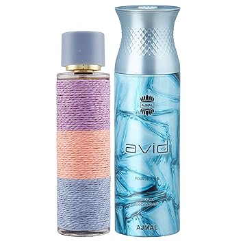 Maryaj Deuce Femme Eau De Parfum Floral Fruity Perfume 100ml for Women and Ajmal Avid Homme Deodorant Aquatic Woody Fragrance 200ml for Men + 2 Parfum Testers FREE