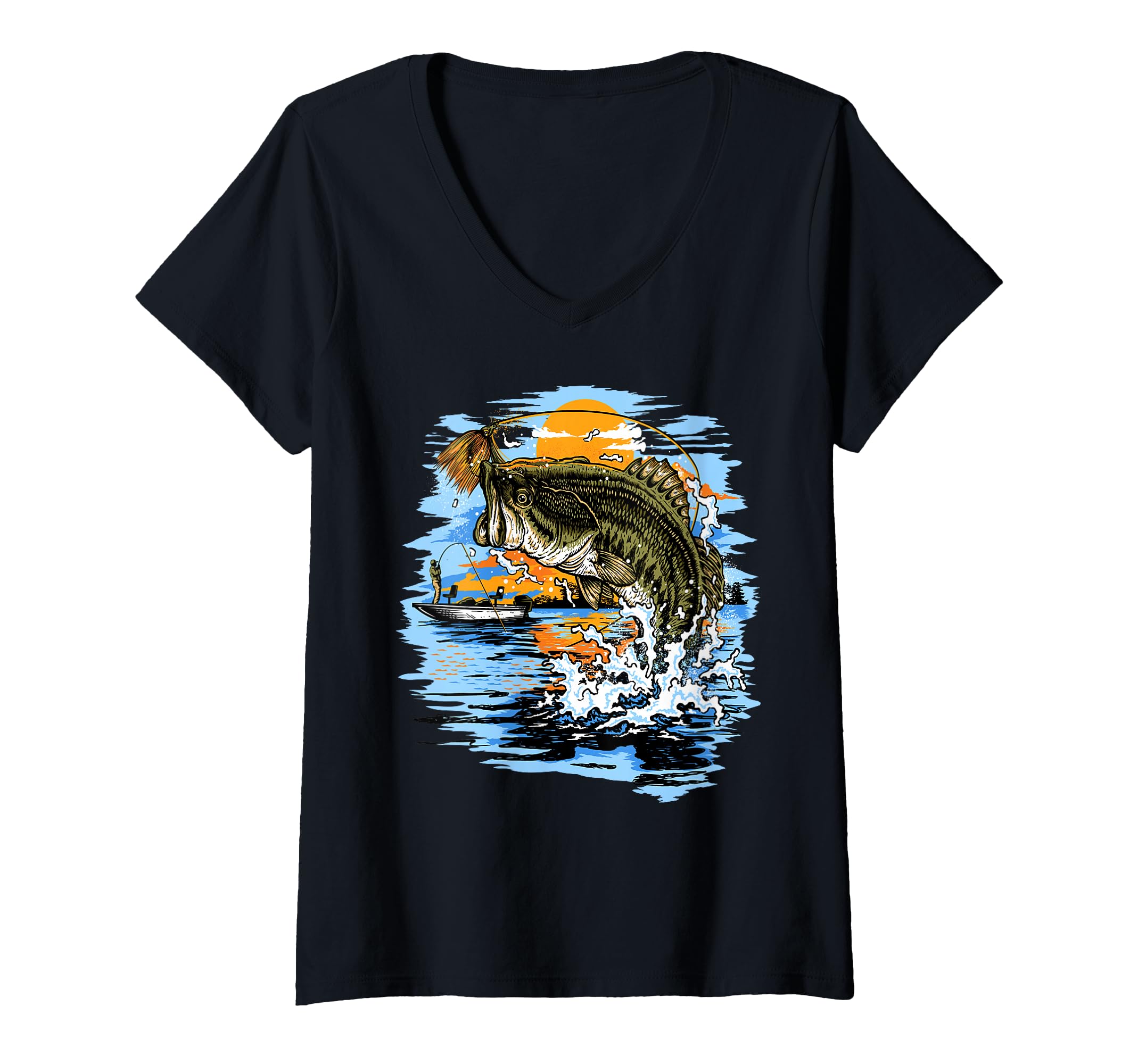 Womens Large Mouth Bass Fishing V-Neck T-Shirt