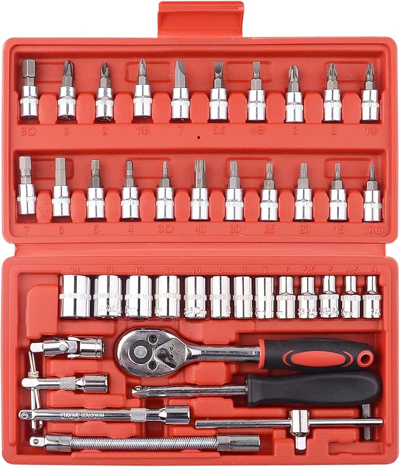 DAYUAN 46 Piece 1/4 Drive Socket Set Ratchet Wrench Bits Extension Rods Metric