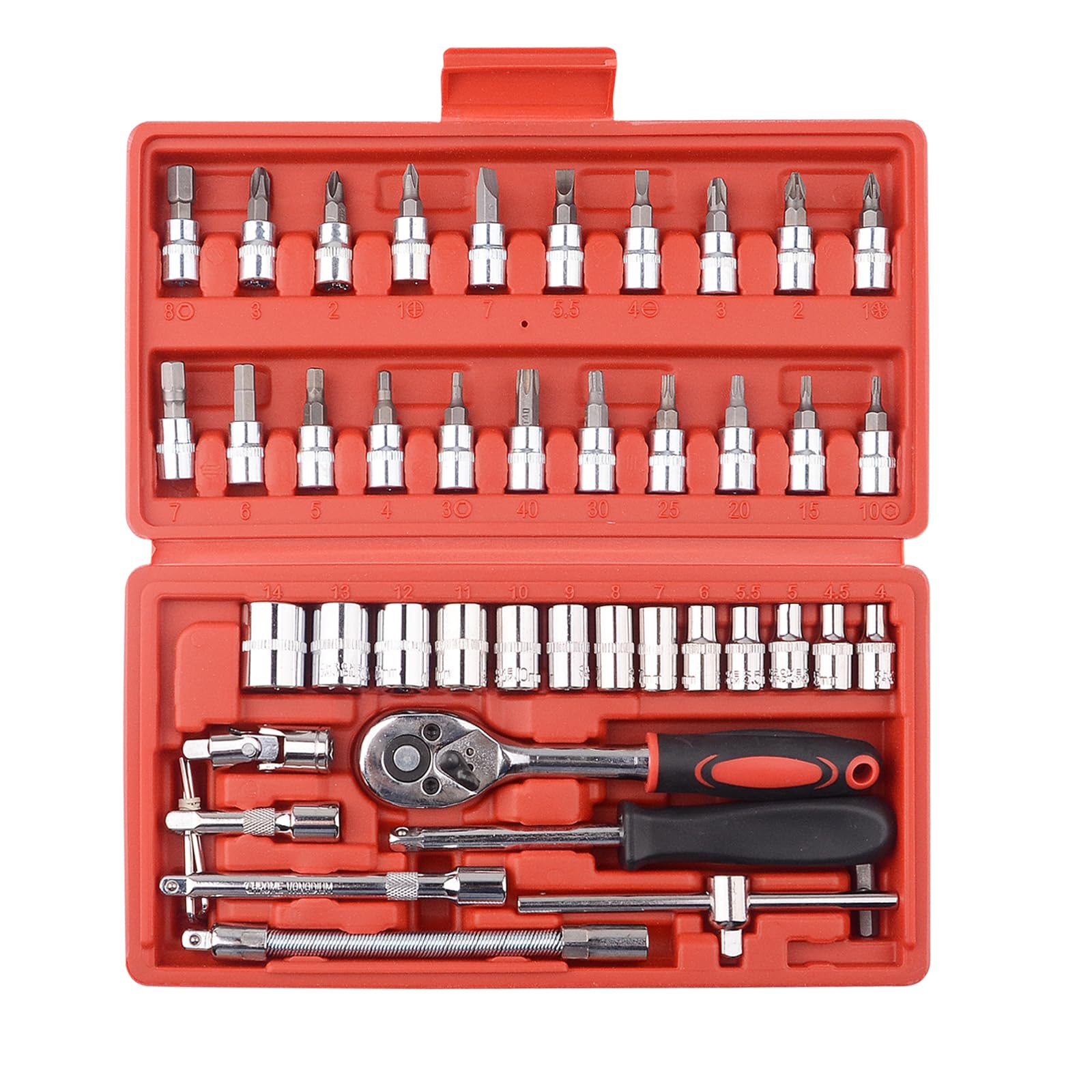 DAYUAN 46 Piece 1/4" Drive Socket Wrench Driver Bits Metric Set Flexible Extension Rods with 72 Teeth Reversible Ratchet Spanner for Car Bicycle Motor