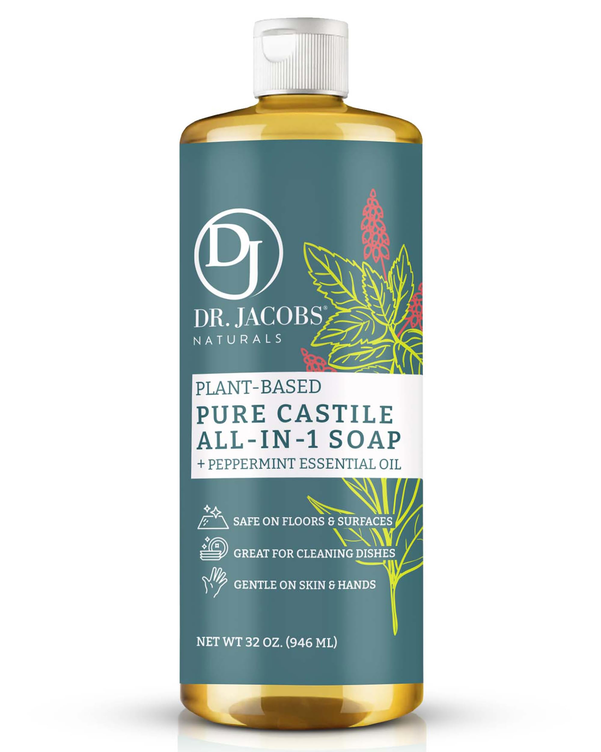 Photo 1 of Dr. Jacobs Naturals Peppermint Castile Soap All-Purpose Cleaner, Effective Plant-Based Formula for House Cleaning. Eco-friendly for Home Essentials and the Planet (32 Fl Oz, 1 Pack)