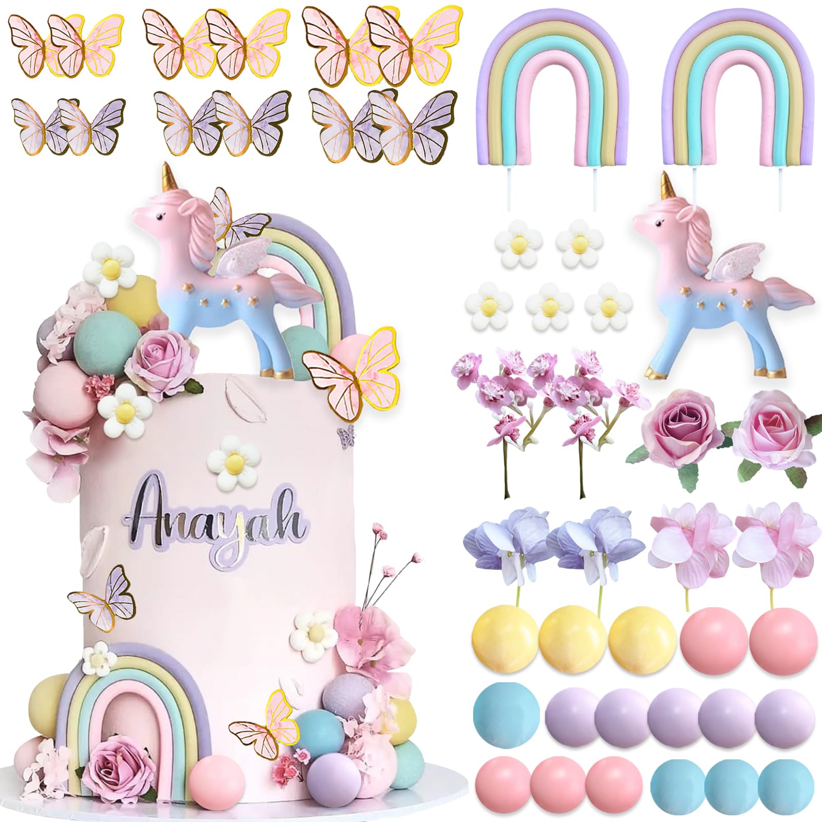 Photo 1 of 55Pcs Unicorn Cake Topper Rainbow Unicorn Flower Cake Decorations with Pearl Balls Butterflies Cake Toppers for Girls Kids Women Birthday Party Groovy Boho Rainbow Unicorn Party Supplies