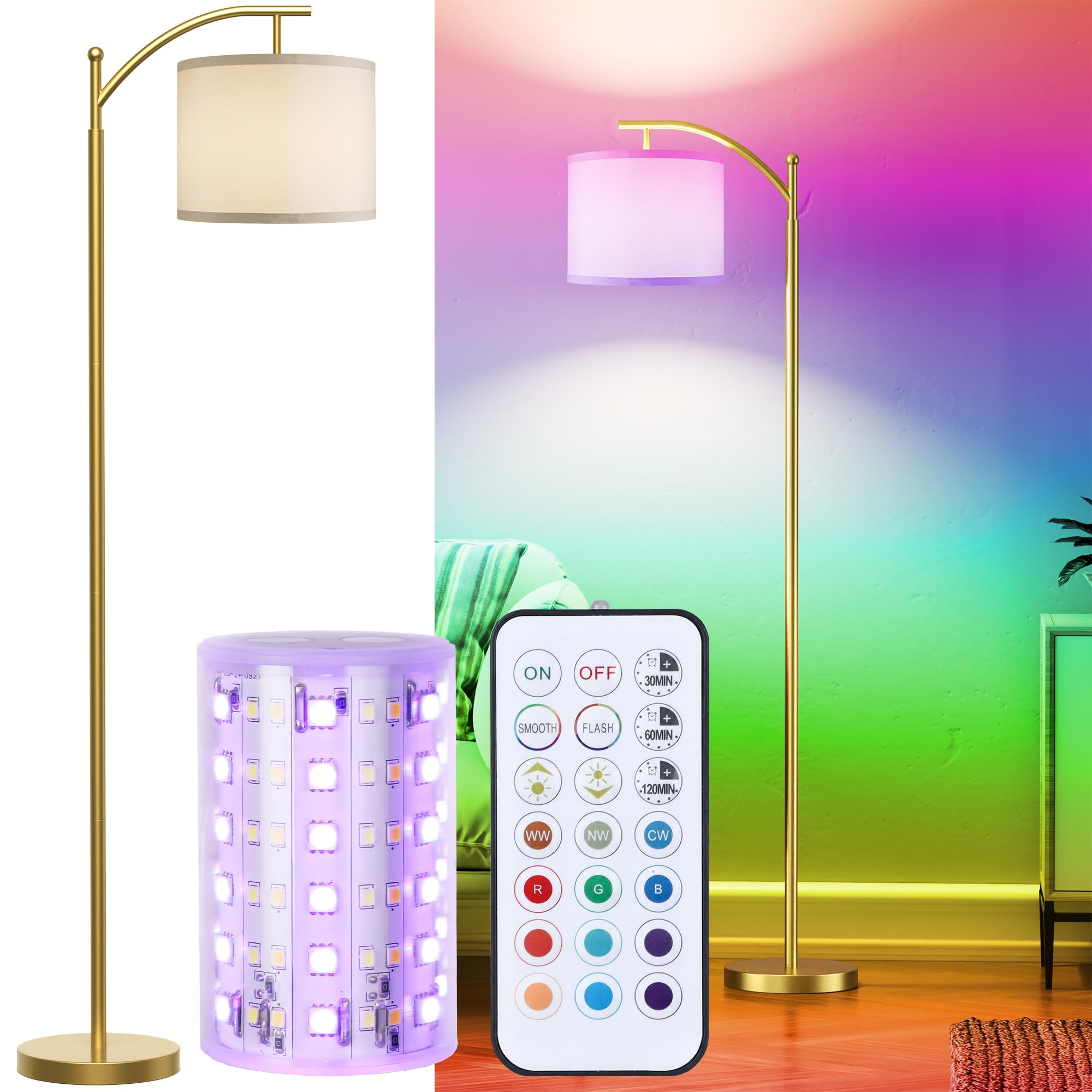 Battery Operated Floor Lamp, RGB Dimmable Cordless Standing Lamp with Remote Control for Living Room, Tall Floor Lamp for Bedroom -Gold Image