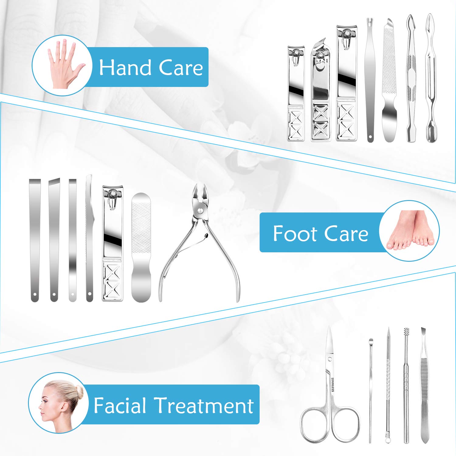 Teamkio 18pcs Stainless Steel Professional Manicure Pedicure Set| Nail Clippers Travel Hygiene Nail Cutter Care Set| Scissor Tweezers Knife Ear Pick Grooming Kits with Leather Case : Beauty