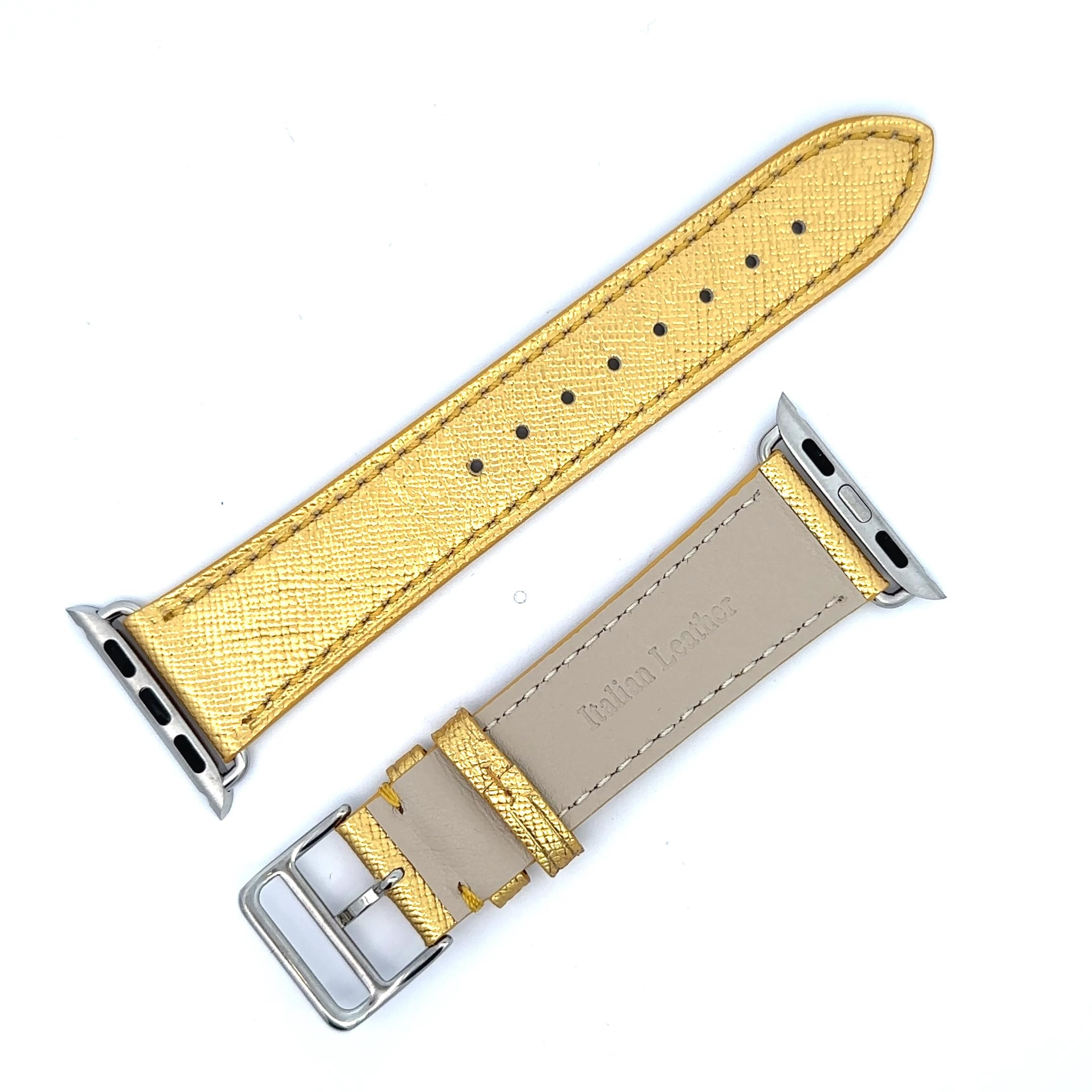 &Diamonds Saffiano Leather Apple Watch Strap 38mm, 40mm, 41mm, 42mm, 44mm, 45mm and 49mm for Men & Women, Genuine Leather Replacement Strap for iWatch Series 6, 7, 8, and 9 (Golden Sands)
