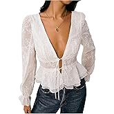 SHENHE Women's Floral Embroidered Deep V Neck Top Tie Front Long Sleeve Peplum Blouse