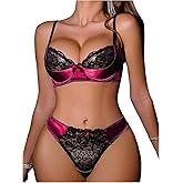 OYOANGLE Women's Sexy Lingerie 2 Piece Lace Bow Tie Underwire Push Up Silk Bra and Panty Lingerie Sets