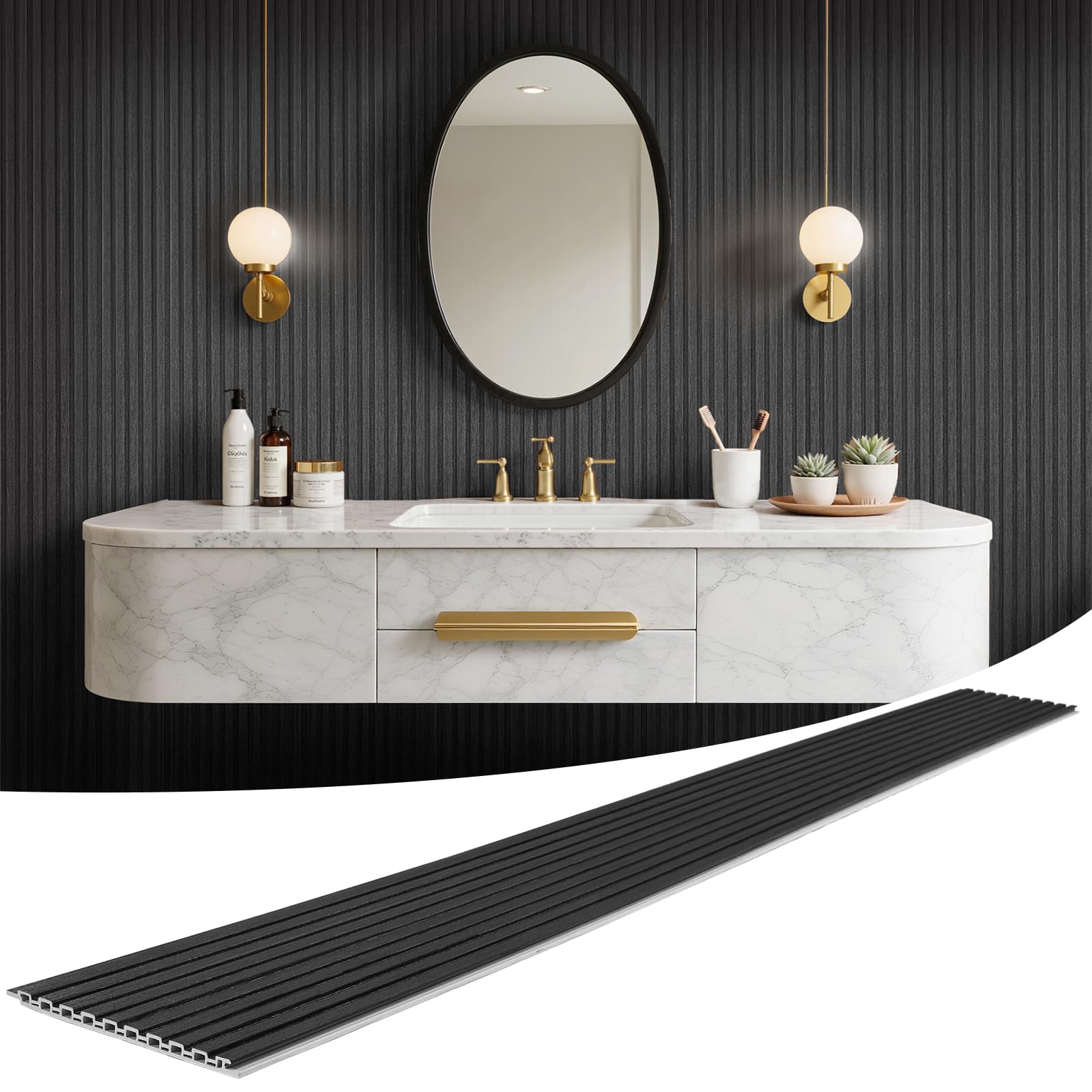 Photo 1 of *Damage to panel* LARWORKS WPC Slat Wall Panels 8 Pack 96" x 8.2", Waterproof Fluted Wall Paneling, Accent 3D Wall Panel for Wall Decor, Bathroom, Bedroom, Office - Widen Low Grille Black (Cover Approx.44 sq.ft)