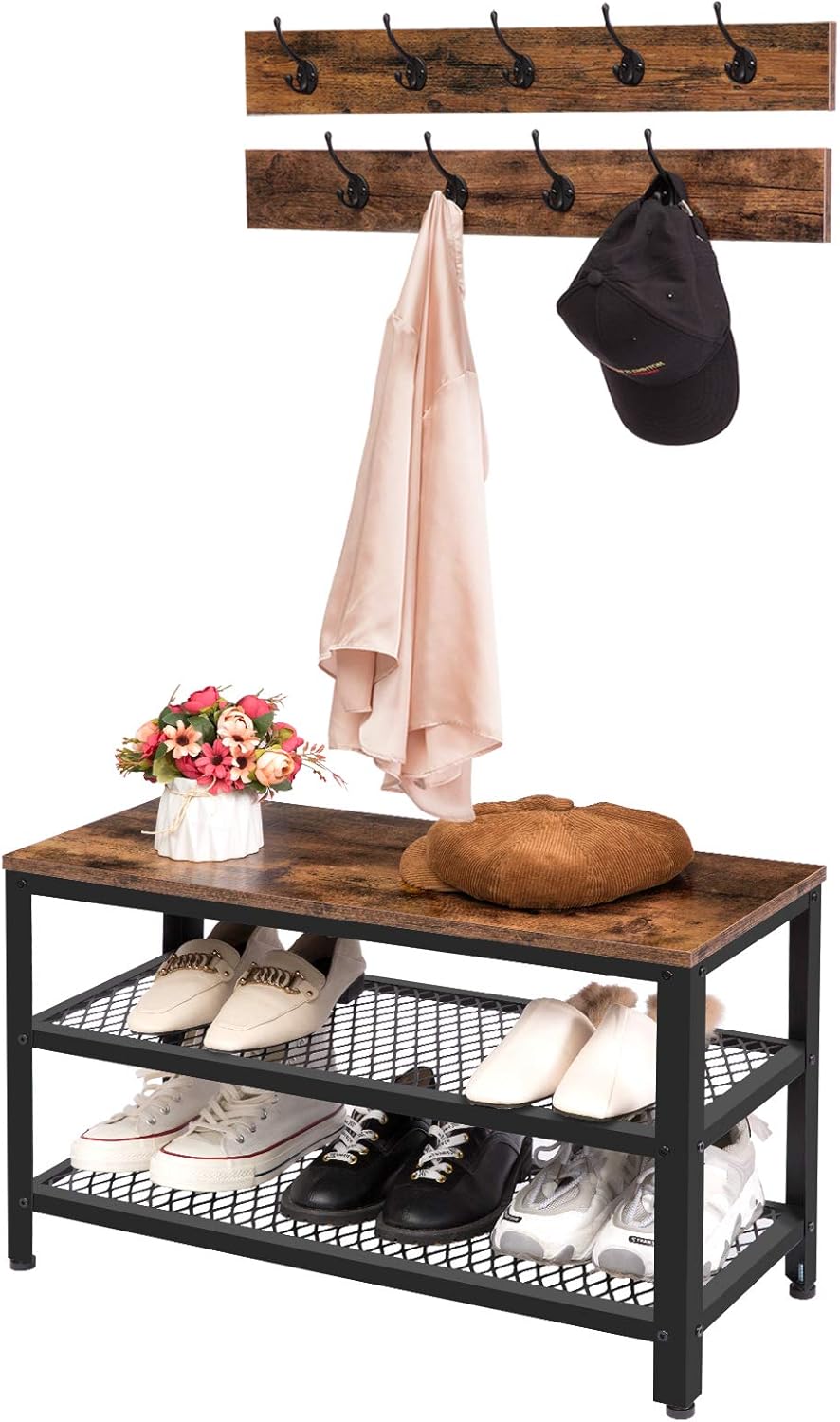 hallway shoe bench on Hallway Coat Hat Bag Hanging Organizer Sturdy Metal Frame Entryway Shoe Rack With Coat Hooks Rustic Brown Bf17mt01 Multifunctional Industrial Design Hoobro Coat Rack Shoe Bench Set Home Kitchen Entryway Furniture