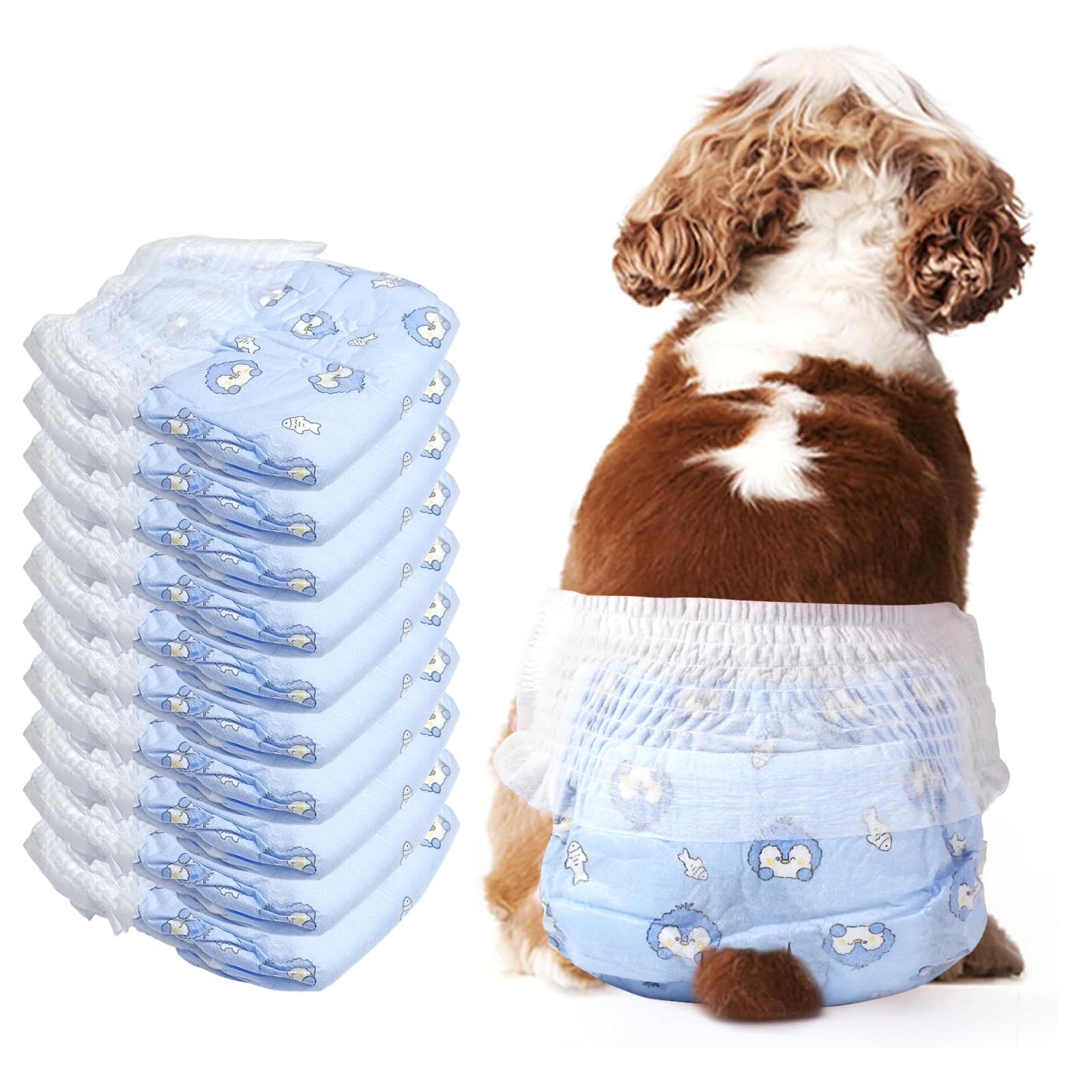 Photo 1 of Dog Diapers Female,Disposable 10 Pcs Stretchy Cat Diapers for Female Cats,Size M Leak-Proof Pull-ups,Penguin Pattern Doggy Diapers for Dogs in Heat,Dog Period, Incontinence, Training (M, Blue)