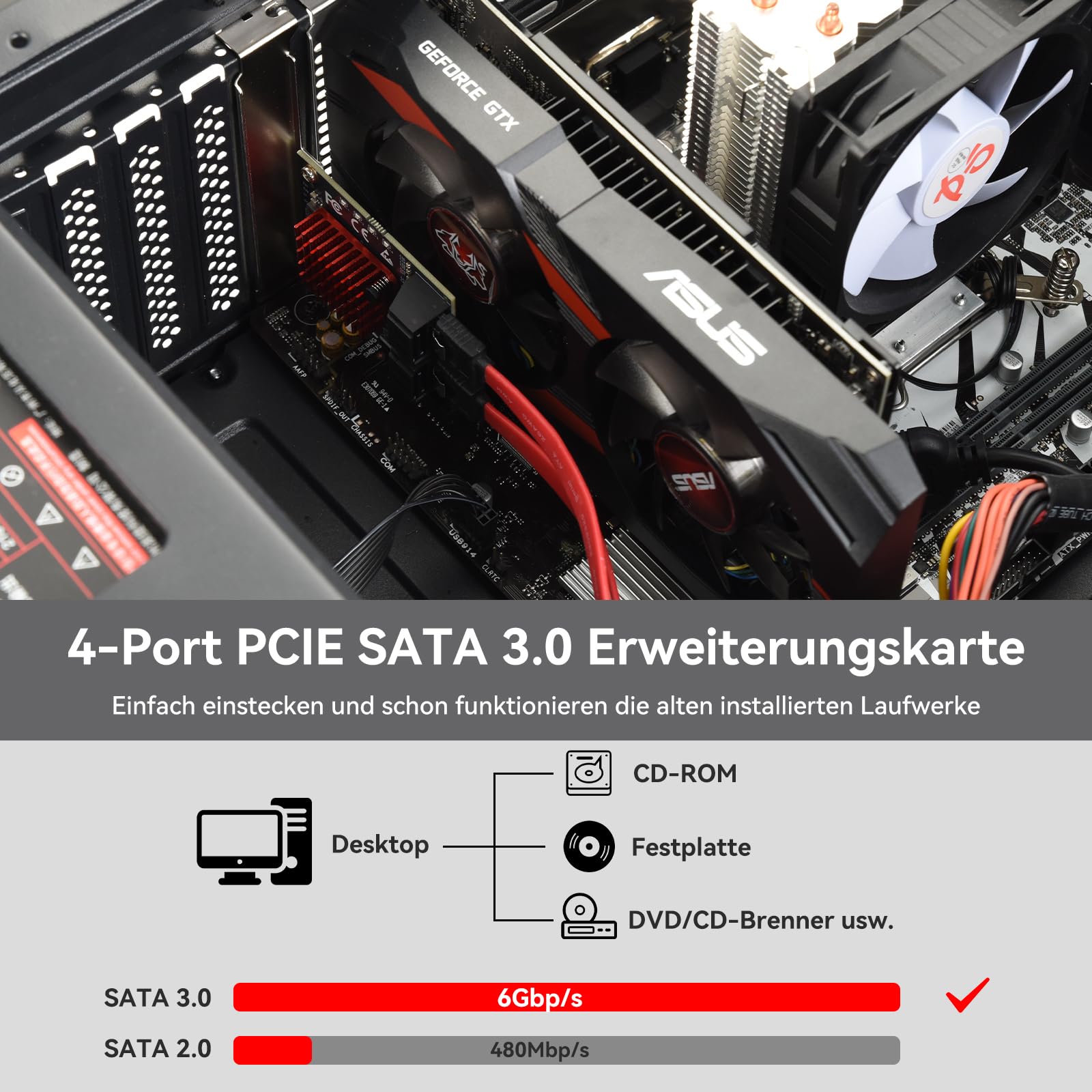 ELUTENG PCI-E zu SATA Adapter 4-Port PCIe Erweiterungskarte 6Gbps SATA 3.0 Controller PCI Express Controller Card mit Low-Profile Halterung für Windows/Linux, Non-Raid, Booten als Systemfestplatte 2