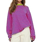 Lacozy Womens Striped Sweatshirt Oversized Crew Neck Color Block Long Sleeve Shirt Loose Fit Tops Fall Fashion