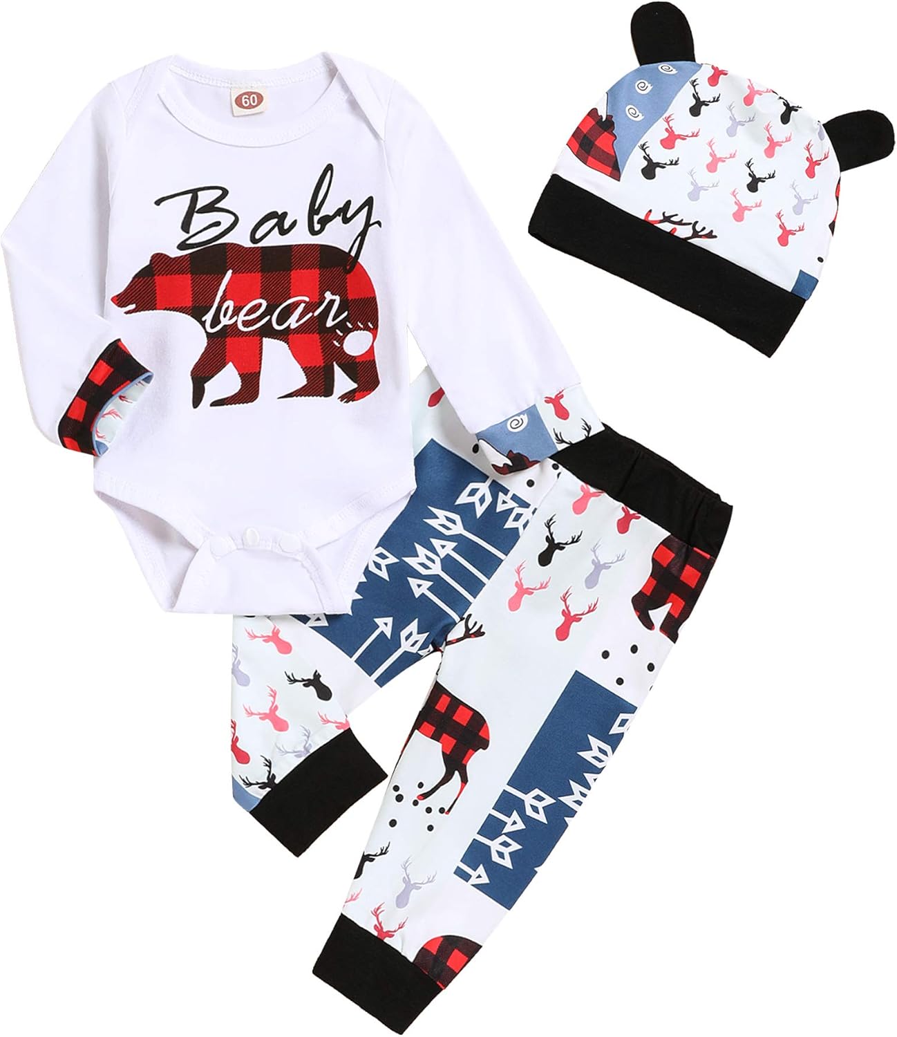 Newborn Baby Boys Girls Clothes Baby Bear Long Sleeve Bear Print Pants Outfit Sets + Hat
