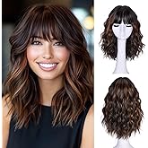 CURLCRAZY Short Wavy Wig with Bangs for Women Curly Wigs Natural Wavy Synthetic Wigs for Daily Party Cosplay(Brown Highlight)