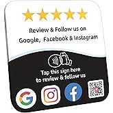 Review Tap Card & Social Media Sign NFC Plate – NFC Review QR Code Sign compatible with Instagram & Facebook QR Code Follow Us – Tap or Scan Business Rating Display with Stand & Adhesive – No App/Fees