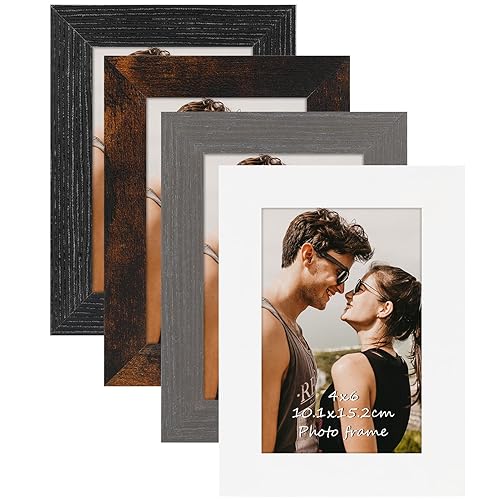 4x6 Picture Frame Set of 4, Multi Color Rustic 4 x 6 Photo Frames for 4 by 6 inch Pictures for Wall Collage and Tabletop, Black Brown White Grey