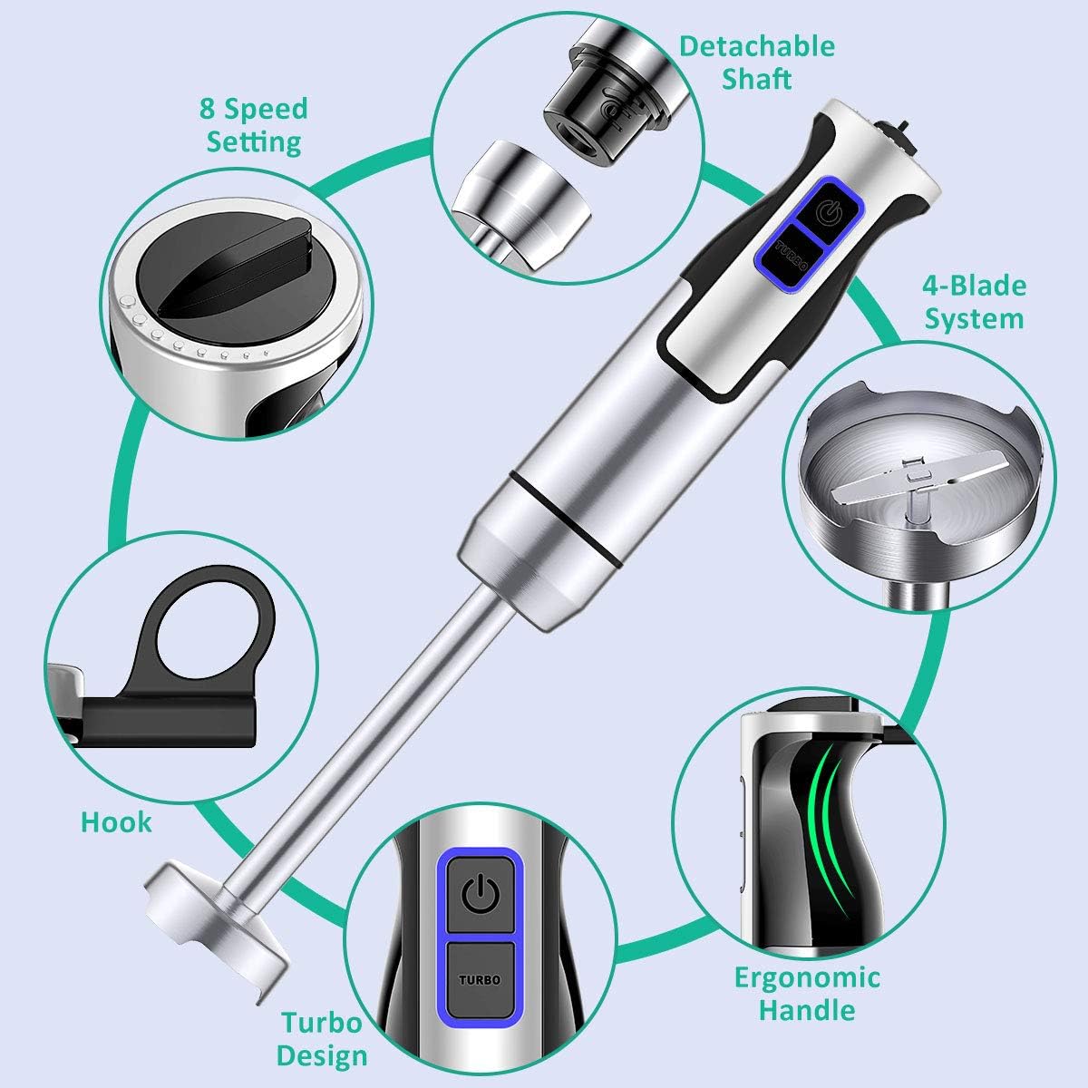 COMSOON Immersion Blender, 3-in-1 500W Multifunctional Hand Blender, Turbo Design & 8 Speed Stick Blender with Detachable Shaft, Whisk & Milk Frother for Making Smoothies, Puree, Baby Food, Soup, etc: Kitchen & Dining
