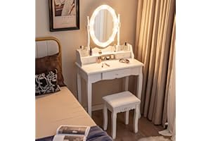 CHARMAID Girls Makeup Vanity Desk with Lights, Vanity Table with Lighted Mirror, 3 Lighting Modes, Adjustable Brightness, Modern Makeup Table with 3 Drawers and Stool for Small Space (White)