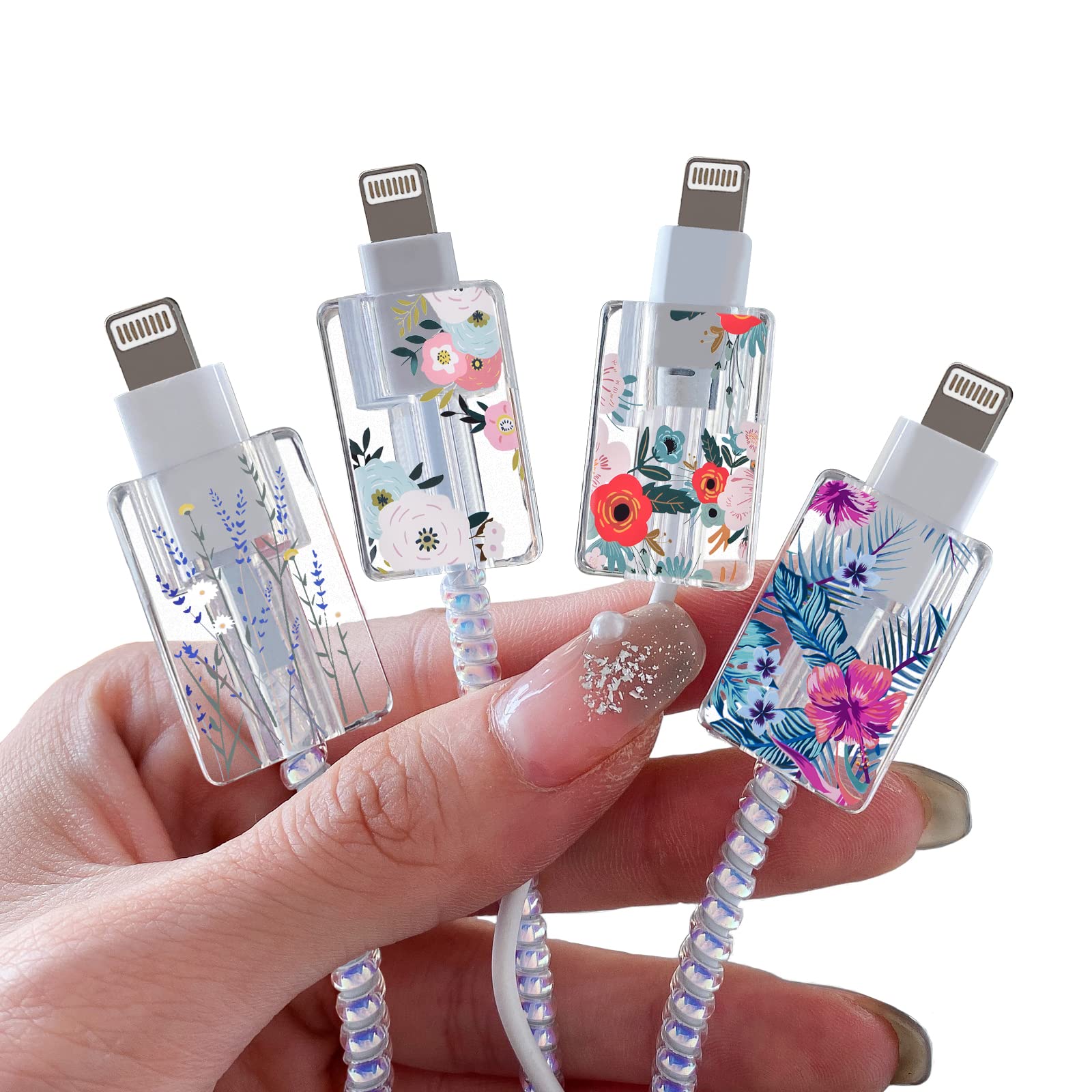 Cute Flowers Cable Protector for iPhone Type-c Charger,Red Roses Camellia Green Leaves Bouquet Pattern 4 PCS Set Cable Protector for Women Girls Kids Teen,Cable Chomper,iPhone Charger Saver-Clear