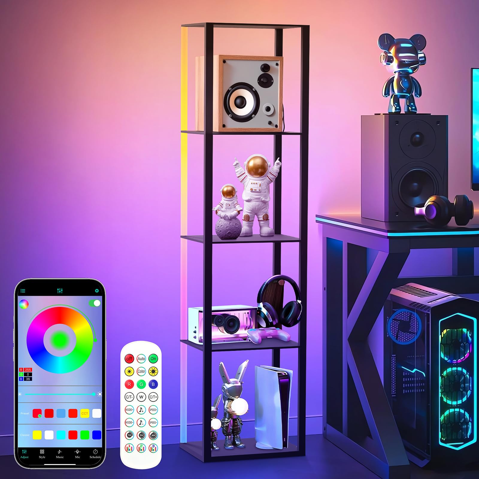 Photo 1 of Caupel 5 Tiers RGB Corner Shelf with LED Light, 63.78" Tall Display Shelf for Collectibles, LED Corner Floor Lamp with APP and Remote Control for Living Room Bedroom
