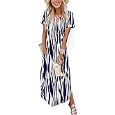 Zeagoo Womens Maxi Summer Dress with Pockets Casual Short Sleeve Sundress Trendy 2026 Curve Hem Long Dress