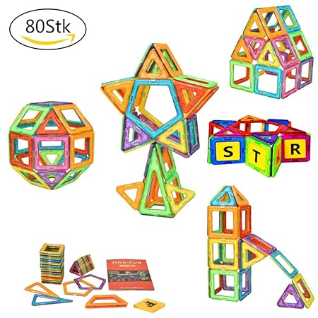 DealKits Magnetische Bausteine, 80 TLG Magnet Bausteine Konstruktion Blöcke, Magnetspielzeug Lernspielzeug mit 30 TLG Alphabe