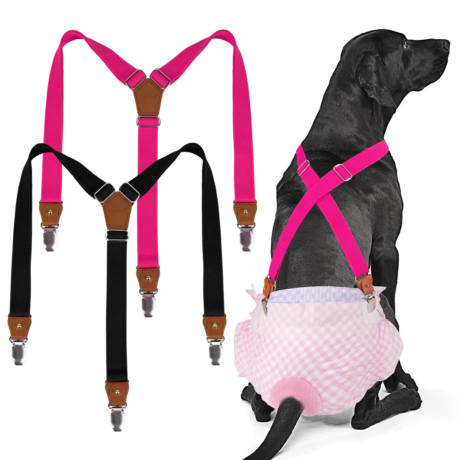 Photo 1 of Pet Soft Dog Suspenders 2 Pieces Female Dog Diaper Suspenders for Dogs Diaper Keeper Suspender for Dogs Skirt, Dress, Diapers (Black & Pink, M/L)