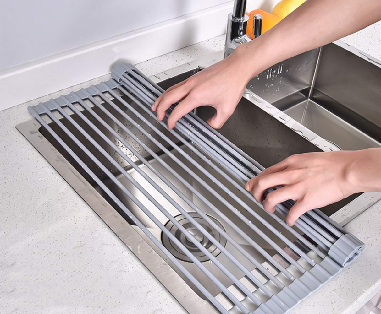 Avril Tian Roll-Up Dish Drying Rack, Over Sink Dish Rack, Foldable Multi-Use Dish Drainers, Heat Resistant Mat (M)
