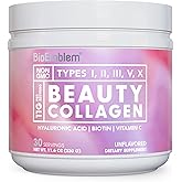BioEmblem Beauty Collagen - 11G Hydrolyzed Multi-Collagen Peptides, Hyaluronic Acid, Vitamin C & Biotin - Bovine, Fish & Eggshell Membrane Collagen - Skin, Hair, Nail, & Joint Health - 30 Servings