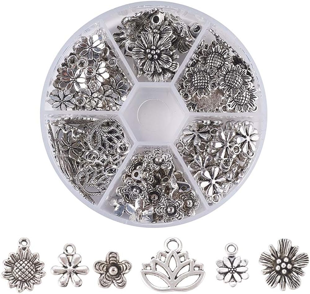 PH PandaHall 135pcs 6 Styles Flower Antique Silver Tibetan Alloy Pendants Charms for DIY Bracelet Necklace Jewelry Making (Sunflower, Lotus Flower)