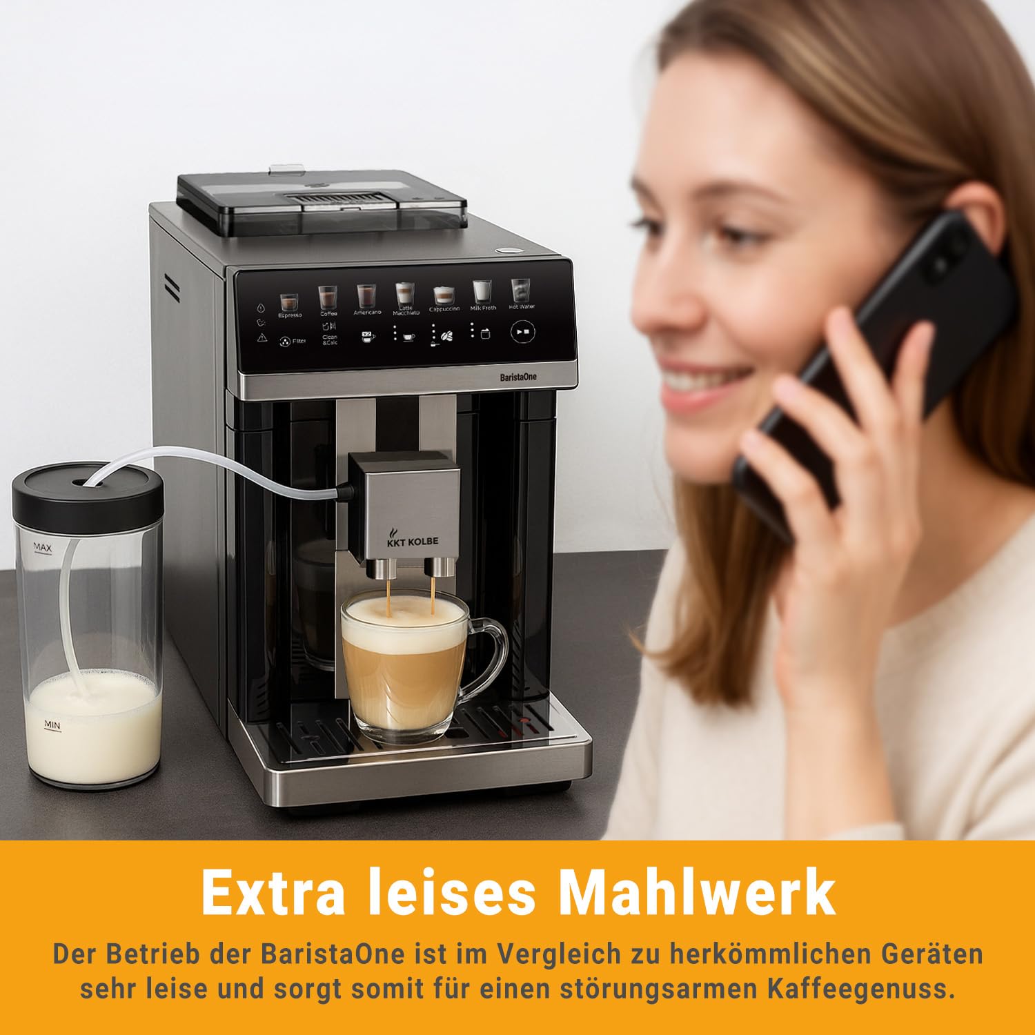 KKT KOLBE Kaffeevollautomat mit Milchbehälter, Milchschaumdüse und Zubehör, 2 Tassen Funktion, 15 Bar, 7-stufiges Mahlwerk, Touchscreen, Automatische Reinigung, 7 Getränke Barista One, schwarz silber 4